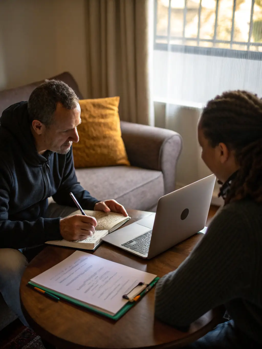 A coach and client engaged in a focused discussion in a professional office setting.