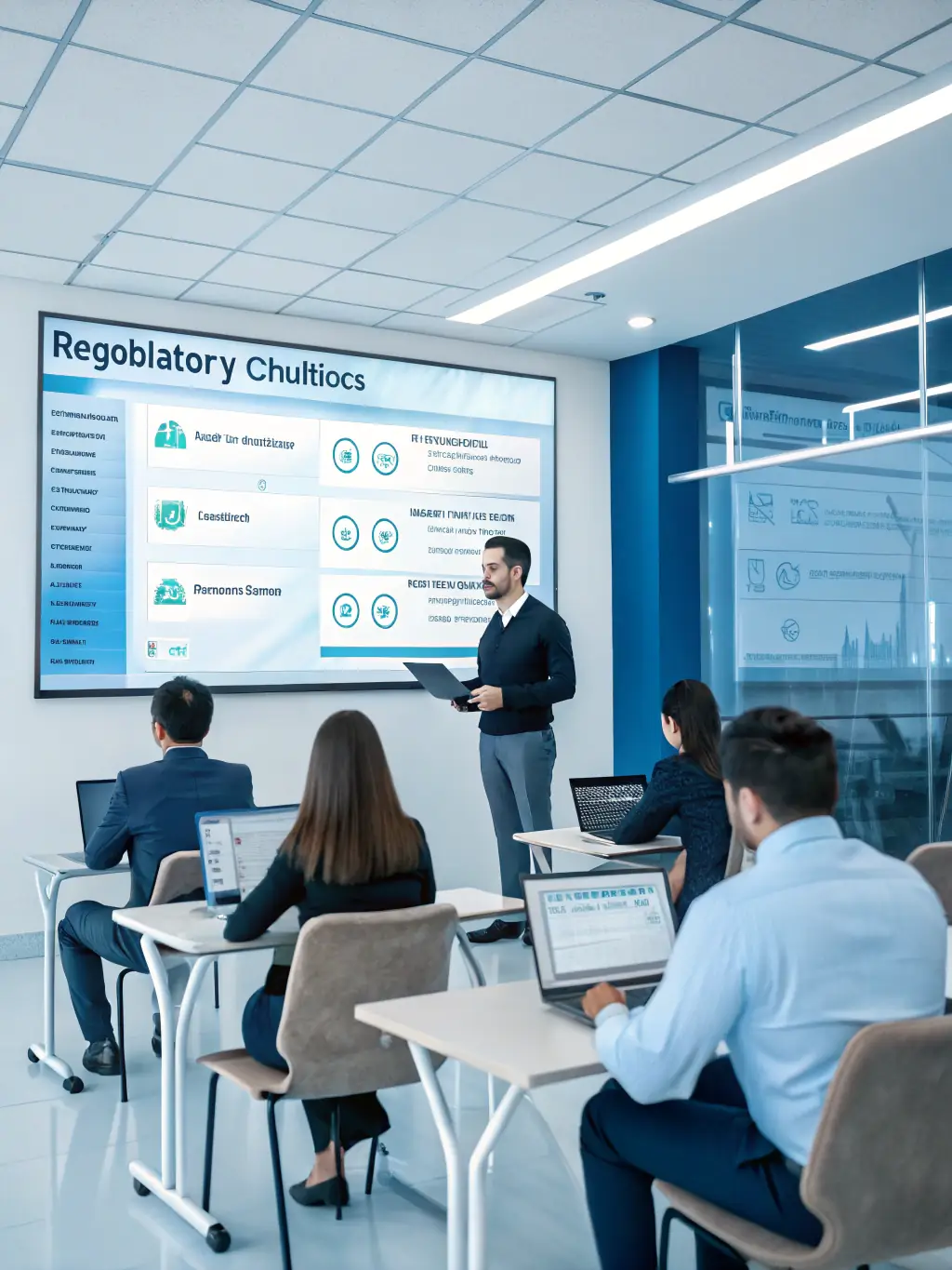 A facilitator guiding participants through decision-making exercises in a modern conference room.