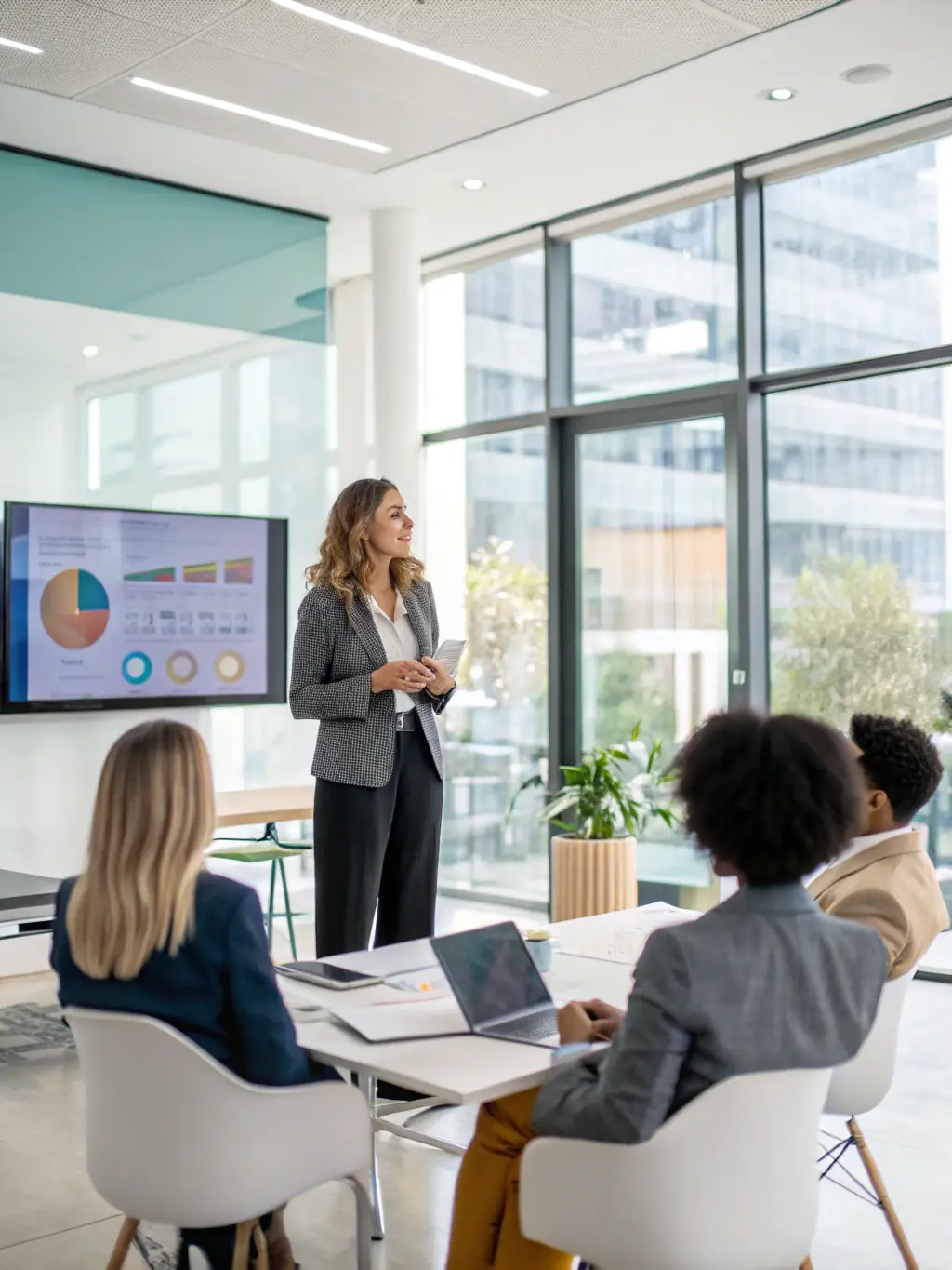 An image of a confident business leader engaging in a workshop with a diverse team, symbolising leadership growth.