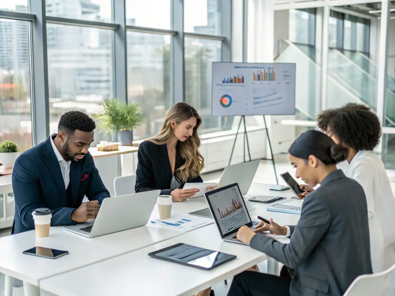 A diverse team of South African business professionals collaborating around a table, brainstorming and making strategic decisions together.
